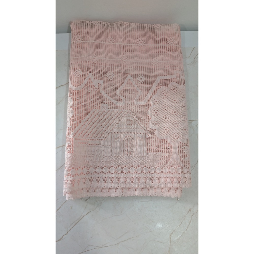 Vintage Pink Lace Valance Cottage Tree Motif Window Treatment 69x12 cottagecore